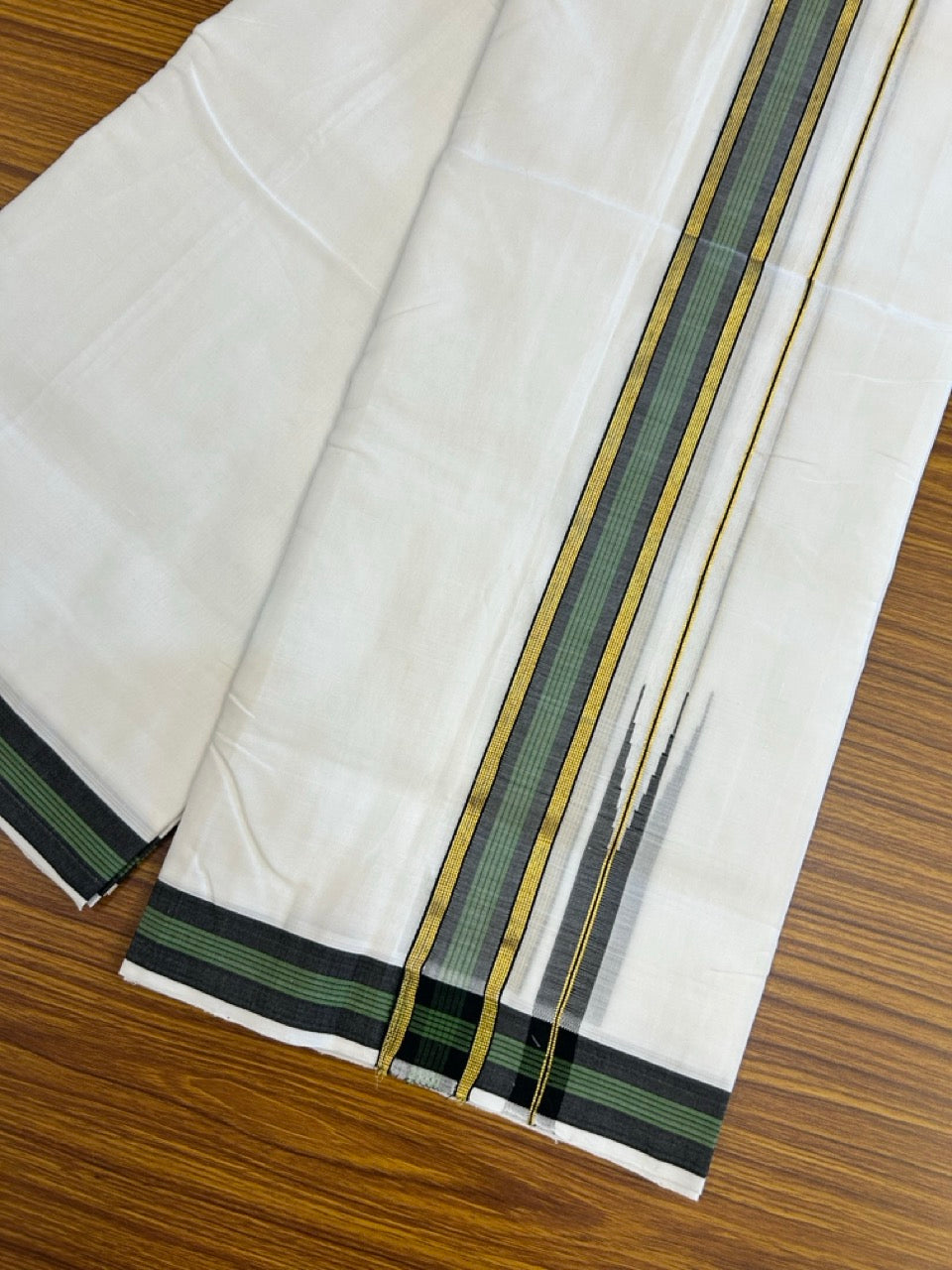25% Discount!! NEW ULTRA PURE WHITE THREAD HANDLOOM Balaramapuram - 100% MERCERISED Cotton Double Mundu/Dhoti - 120 twisted warp x 80s weft - Green Black Stripes Gold Kasav Chutty Kara- 13KK5248 REA
