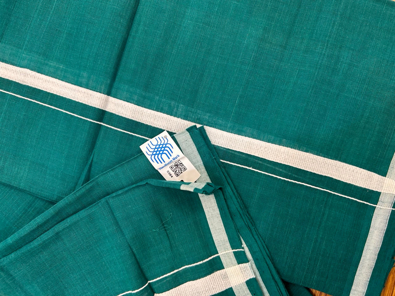 Handloom Single Hallmarked - 10% Discount !! KaithariKada 100% Pure Cotton - Mundu/Dhoti Dark Green Body White 0.5 inch Kara- (2 meter / 4 muzham)- 13 KK8030 ELA