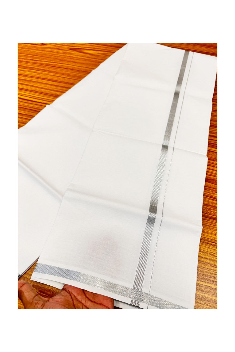15% OFFER!! KaithariKada 100% Cotton PURE WHITE SINGLE Mundu/Dhoti-40X40- 2.15cm (2 meter / 4 muzham) SILVER KASAVU Zazri Kara- 13sar