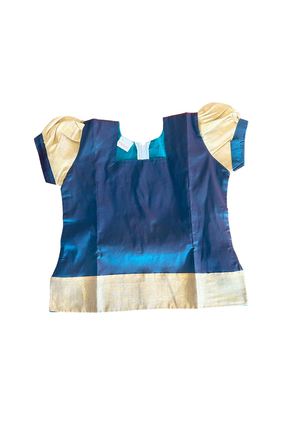 Midukki-Traditional South Indian Kids Pattu Pavada- Dark green top offwhite skirt with kasavu- Age 7 - KK7MID0013