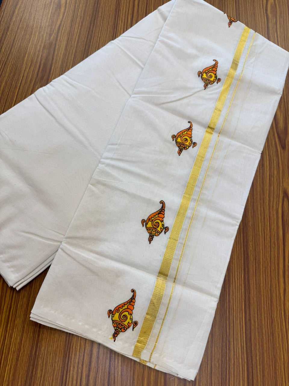 KaithariKada Balaramapuram 100% Cotton Double Off white - (Unbleached) Mundu/Dhoti-100x80 - 0.5 inch Hand Painted Gold Kasav Orange & Yellow Mural Design Kara 3.75 mtr (8 muzham) - 8 KK5244 ASH