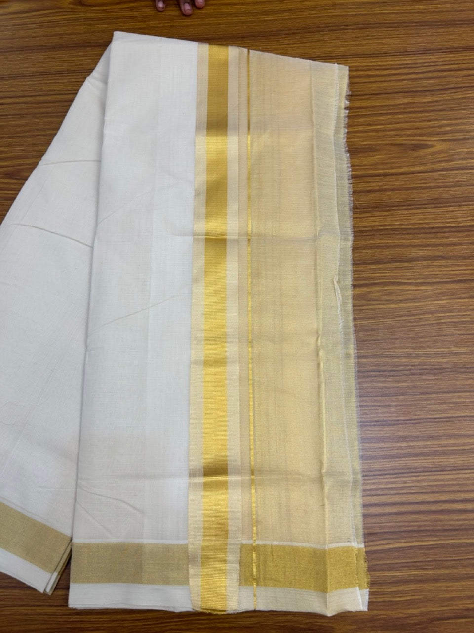 25% Discount ! KaithariKada Handloom Milpaav Balaramapuram - Pure Cotton Off White - (Unbleached) Double Mundu/Dhoti - (80X90s) - 7 inch Gold Kasav Striped & Half Tissue Kara - 96 KK5256 RAM
