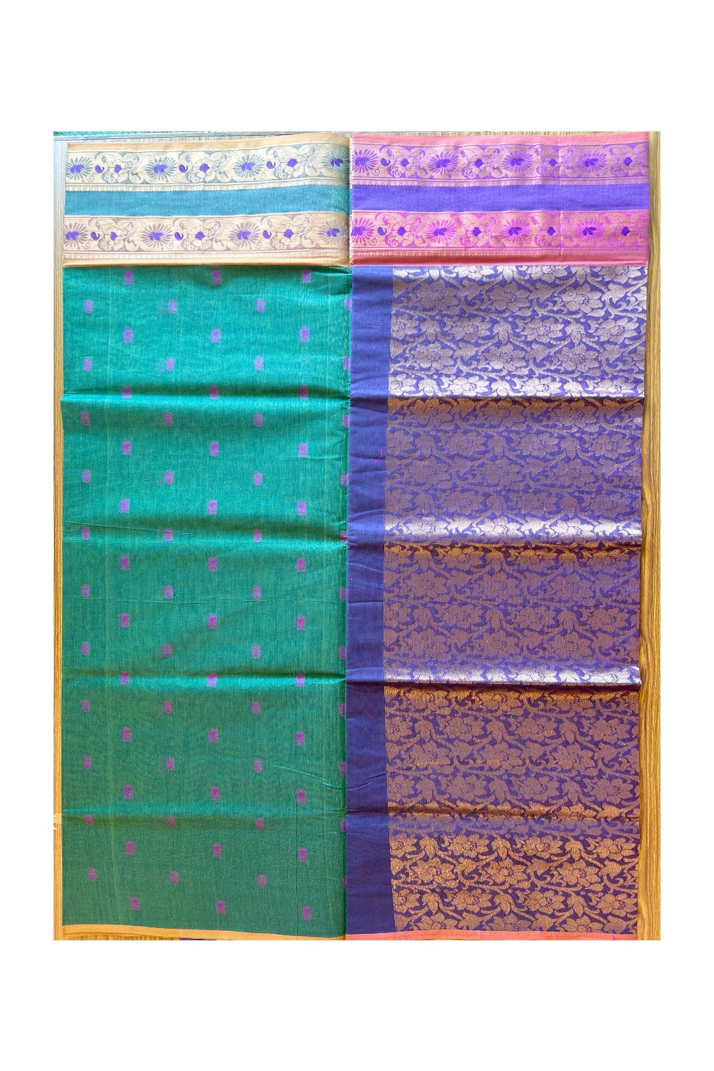 KaithariKada- Balaramapuram Saree - 100% PURE Cotton Silk - Green,Violet & Brown Design -13KK1005PAN.