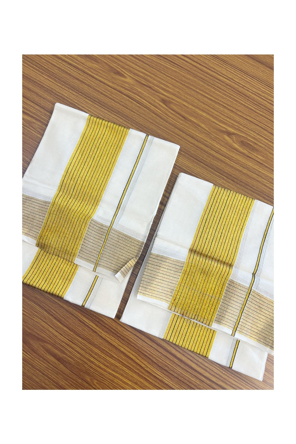 25% Discount!! KaithariKada - Kerala Pure Cotton OFF WHITE SINGLE SET MUND FOR WOMEN - EXTRA LENGTH - Gold Kasavu Maroon & Black Stripes Big Kara - 13KK5152PMC