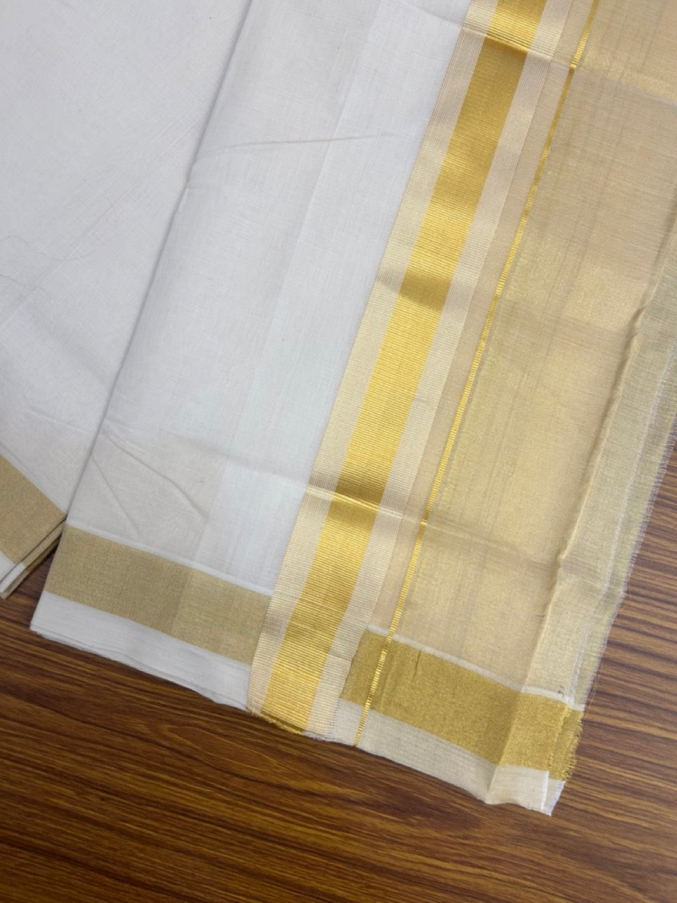 25% Discount ! KaithariKada Handloom Milpaav Balaramapuram - Pure Cotton Off White - (Unbleached) Double Mundu/Dhoti - (80X90s) - 7 inch Gold Kasav Striped & Half Tissue Kara - 96 KK5256 RAM