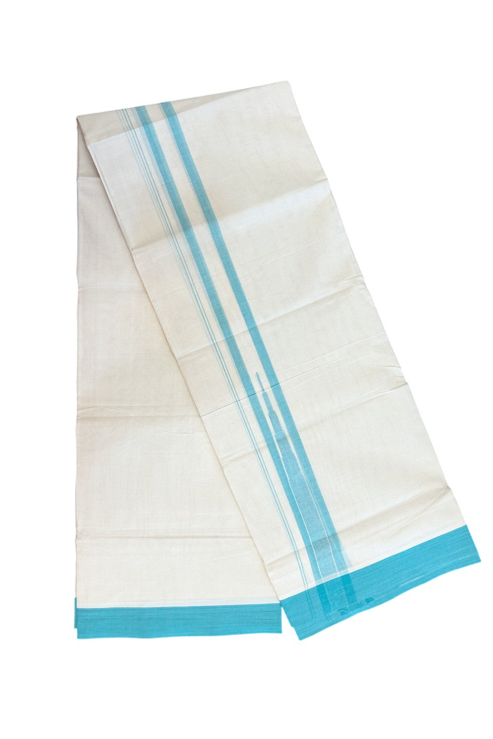20% DISCOUNT! KaithariKada Balaramapuram 100% Cotton OFF WHITE Double (Unbleached) Mundu/Dhoti-100x80 - 1.75 inch Puliyilakkara Turquoise Blue shaded Temple Chutty kara 4 mtr (8.5 muzham) - 130KK5220 THI