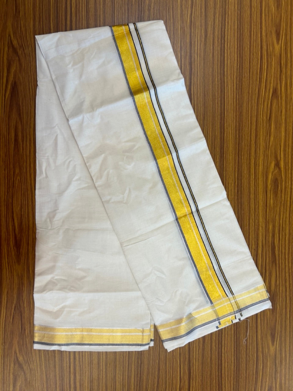 21% Discount! KaithariKada Balaramapuram 100% Cotton Off white Double Mundu/Dhoti - (100x100)S - 1.5 inch Dark Navy Blue Silver Gold Kasav Kara - 4mtr (8.5muzham) - 130 KK5255 VAS