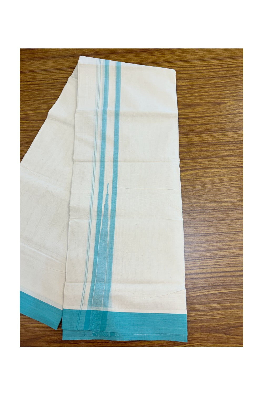 20% DISCOUNT! KaithariKada Balaramapuram 100% Cotton OFF WHITE Double (Unbleached) Mundu/Dhoti-100x80 - 1.75 inch Puliyilakkara Turquoise Blue shaded Temple Chutty kara 4 mtr (8.5 muzham) - 130KK5220 THI