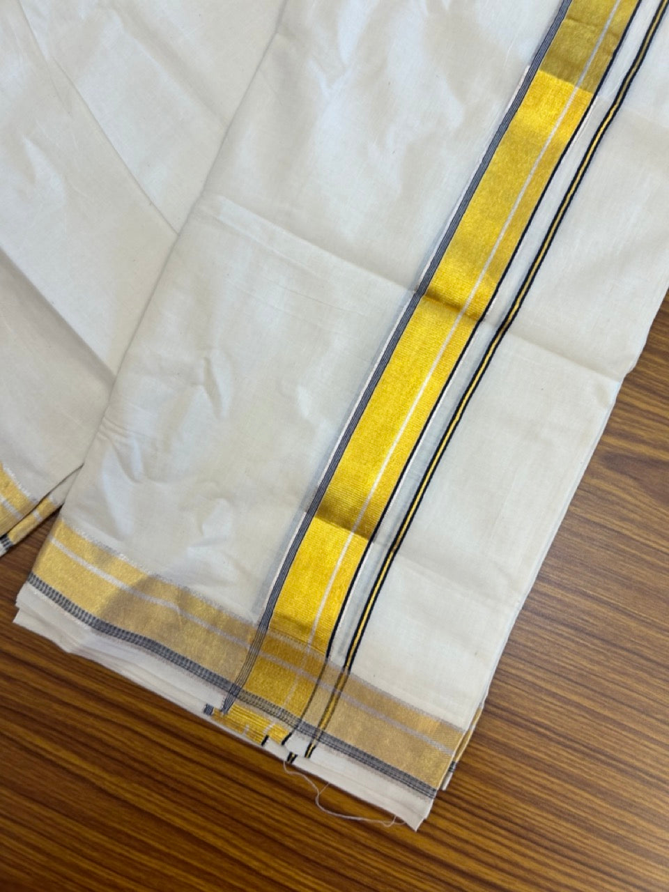 21% Discount! KaithariKada Balaramapuram 100% Cotton Off white Double Mundu/Dhoti - (100x100)S - 1.5 inch Dark Navy Blue Silver Gold Kasav Kara - 4mtr (8.5muzham) - 130 KK5255 VAS