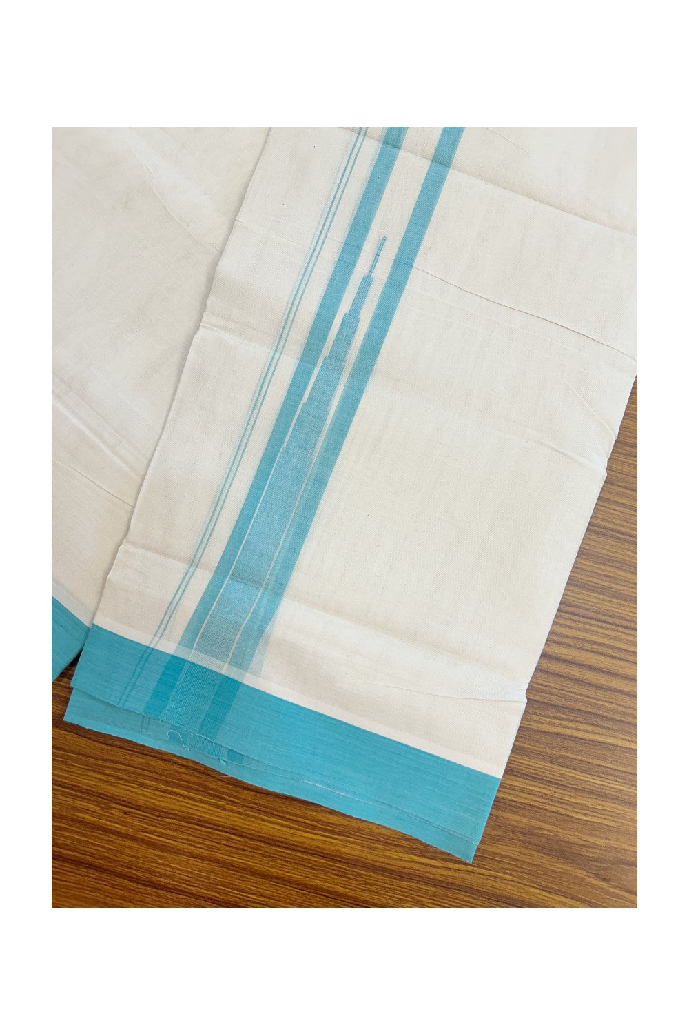 20% DISCOUNT! KaithariKada Balaramapuram 100% Cotton OFF WHITE Double (Unbleached) Mundu/Dhoti-100x80 - 1.75 inch Puliyilakkara Turquoise Blue shaded Temple Chutty kara 4 mtr (8.5 muzham) - 130KK5220 THI