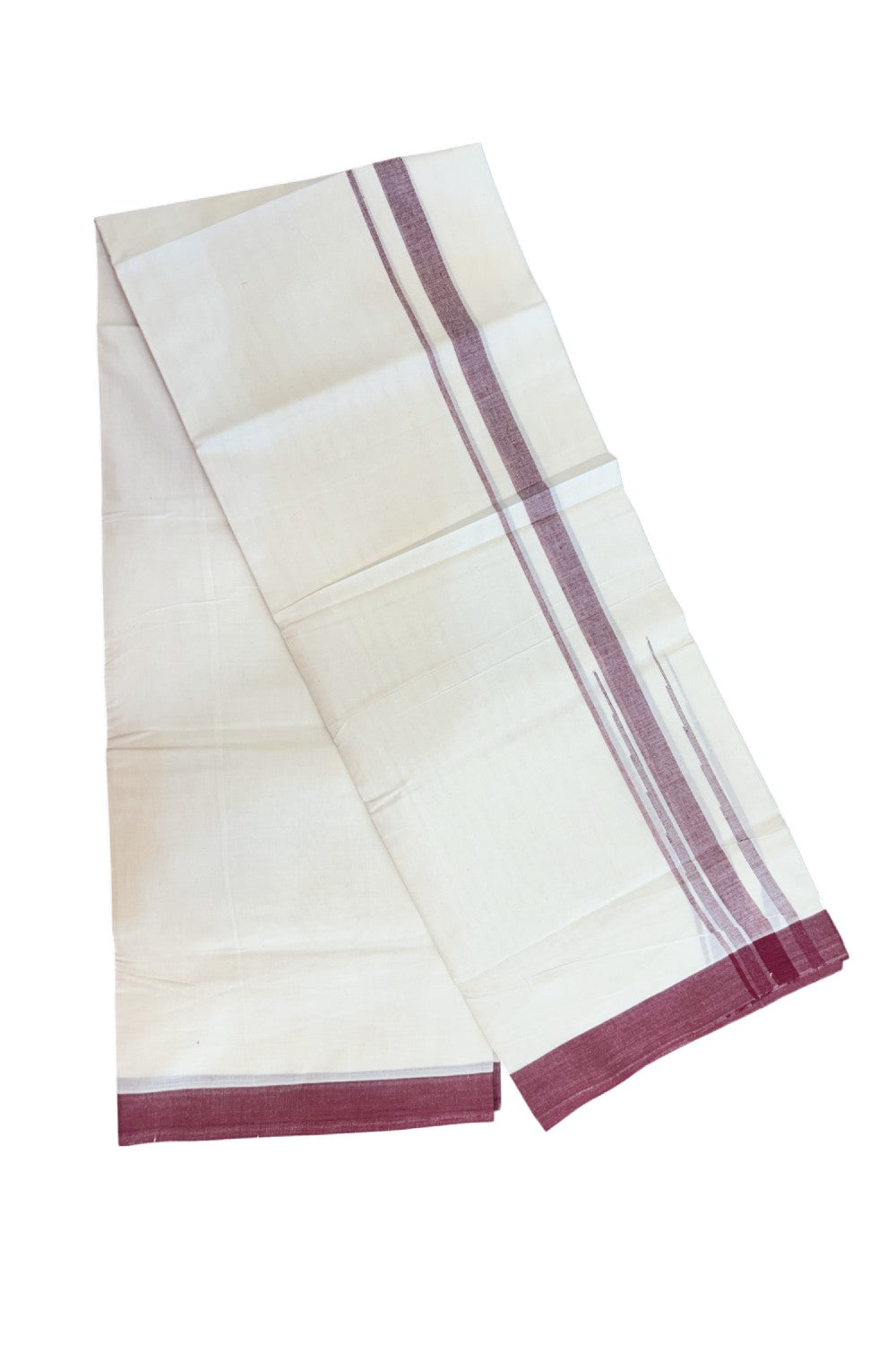 20% DISCOUNT! KaithariKada Balaramapuram 100% Cotton OFF WHITE Double (Unbleached) Mundu/Dhoti-100x80 - 1.75 inch Puliyilakkara Maroon shaded Big Chutty kara 4 mtr (8.5 muzham) - 131KK5220 THI
