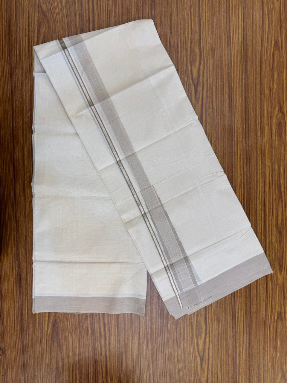 19% Discount! KaithariKada Balaramapuram 100% Cotton Off white Double Mundu/Dhoti - (100x80)s - 1.5 inch Puliyilakkara Light Brown Stripes Chutty Silver Kasav - 140 KK5258 THI