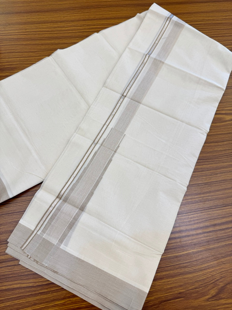 19% Discount! KaithariKada Balaramapuram 100% Cotton Off white Double Mundu/Dhoti - (100x80)s - 1.5 inch Puliyilakkara Light Brown Stripes Chutty Silver Kasav - 140 KK5258 THI
