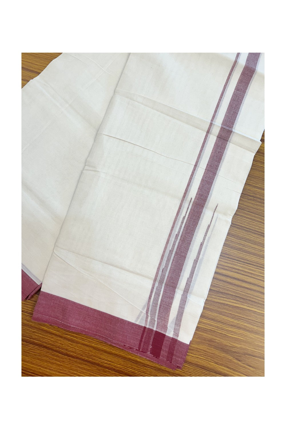 20% DISCOUNT! KaithariKada Balaramapuram 100% Cotton OFF WHITE Double (Unbleached) Mundu/Dhoti-100x80 - 1.75 inch Puliyilakkara Maroon shaded Big Chutty kara 4 mtr (8.5 muzham) - 131KK5220 THI