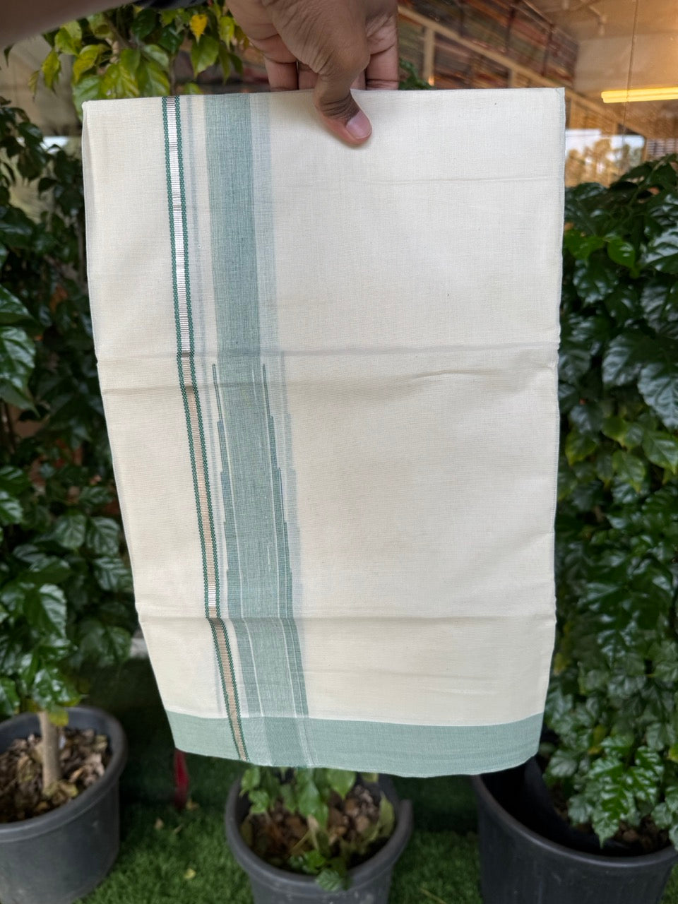 19% Discount! KaithariKada Balaramapuram 100% Cotton Off white Double Mundu/Dhoti - (100x80)s - 1.5 inch Puliyilakkara Green Stripes Chutty Silver Kasav - 132 KK5258 THI