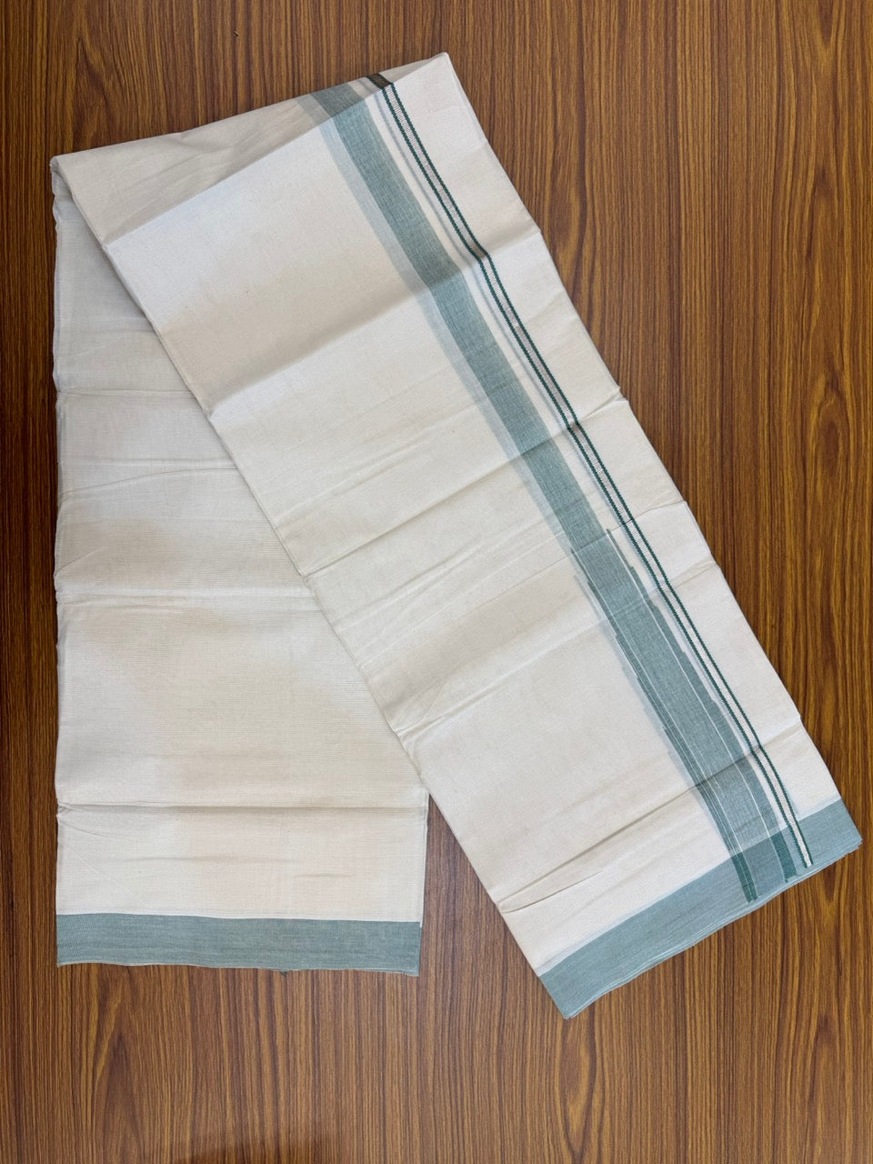 19% Discount! KaithariKada Balaramapuram 100% Cotton Off white Double Mundu/Dhoti - (100x80)s - 1.5 inch Puliyilakkara Green Stripes Chutty Silver Kasav - 132 KK5258 THI