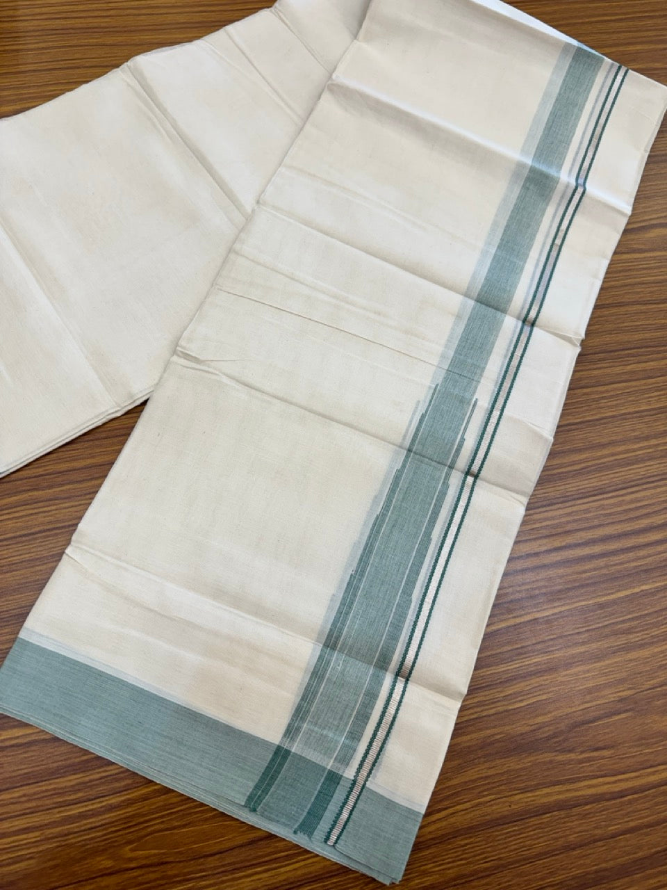 19% Discount! KaithariKada Balaramapuram 100% Cotton Off white Double Mundu/Dhoti - (100x80)s - 1.5 inch Puliyilakkara Green Stripes Chutty Silver Kasav - 132 KK5258 THI