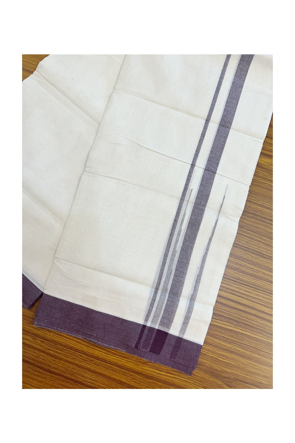 20% DISCOUNT! KaithariKada Balaramapuram 100% Cotton OFF WHITE Double (Unbleached) Mundu/Dhoti-100x80 - 1.75 inch Puliyilakkara Wine Purple shaded Big Chutty kara 4 mtr (8.5 muzham) - 132KK5220 THI