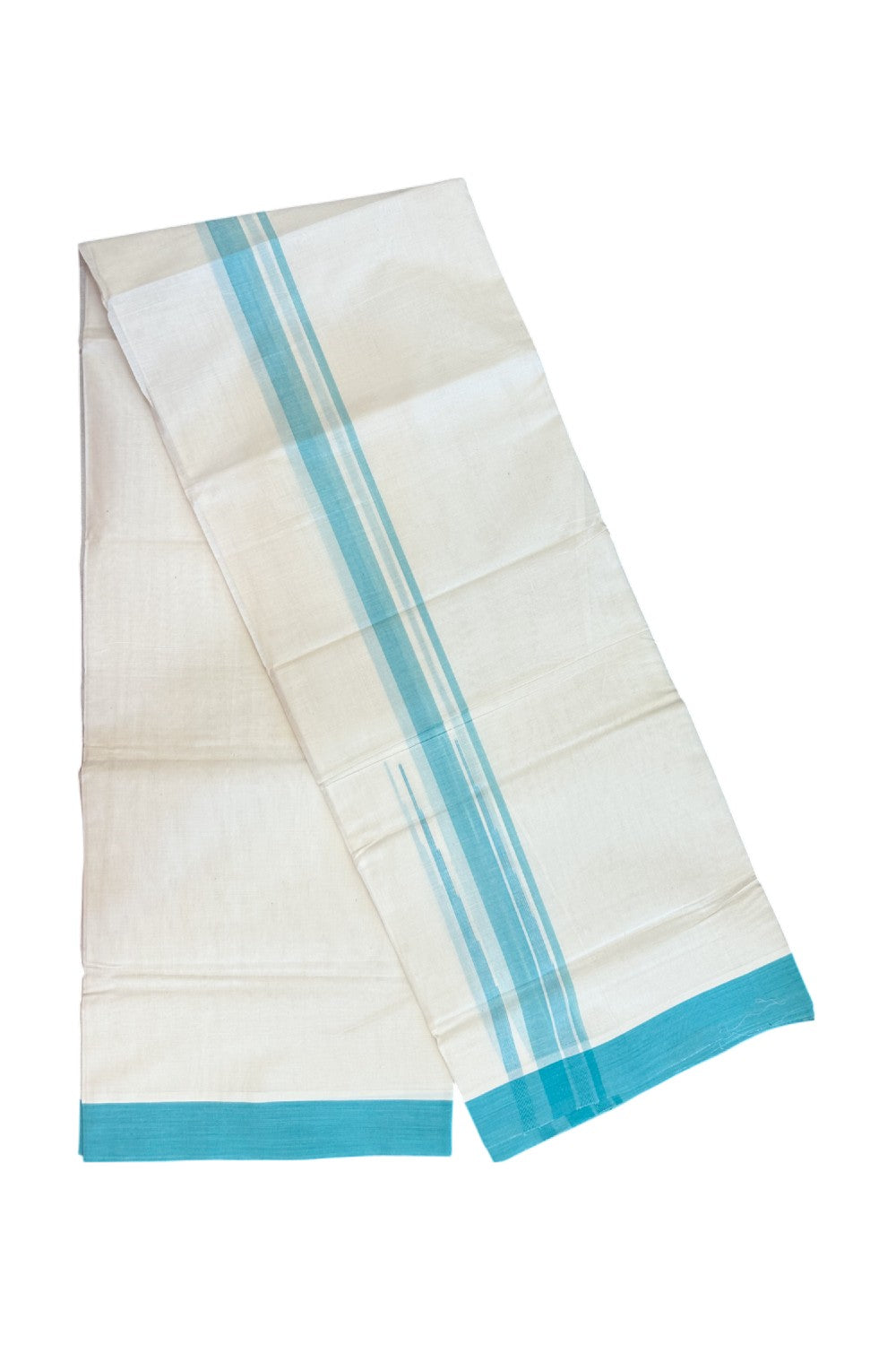 20% DISCOUNT! KaithariKada Balaramapuram 100% Cotton OFF WHITE Double (Unbleached) Mundu/Dhoti-100x80 - 1.75 inch Puliyilakkara Turquoise Blue shaded Big Chutty kara 4 mtr (8.5 muzham) - 133KK5220 THI