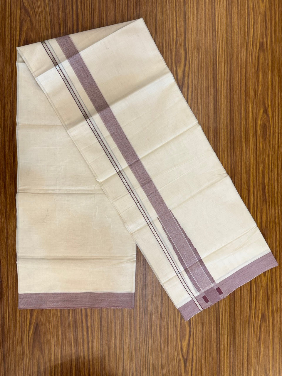 19% Discount! KaithariKada Balaramapuram 100% Cotton Off white Double Mundu/Dhoti - (100x80)s - 1.5 inch Puliyilakkara Maroon Stripes Chutty Silver Kasav - 133 KK5258 THI