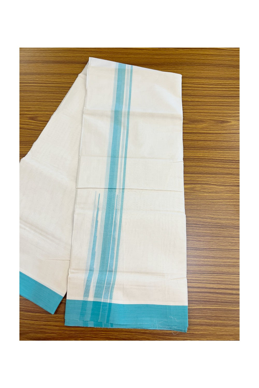 20% DISCOUNT! KaithariKada Balaramapuram 100% Cotton OFF WHITE Double (Unbleached) Mundu/Dhoti-100x80 - 1.75 inch Puliyilakkara Turquoise Blue shaded Big Chutty kara 4 mtr (8.5 muzham) - 133KK5220 THI