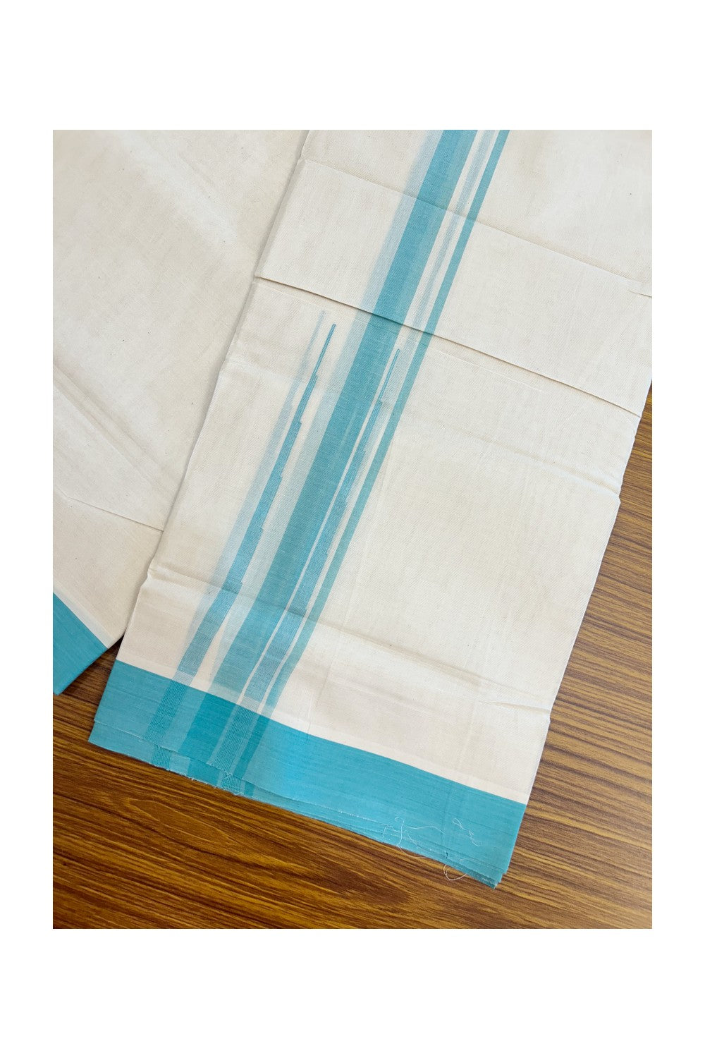 20% DISCOUNT! KaithariKada Balaramapuram 100% Cotton OFF WHITE Double (Unbleached) Mundu/Dhoti-100x80 - 1.75 inch Puliyilakkara Turquoise Blue shaded Big Chutty kara 4 mtr (8.5 muzham) - 133KK5220 THI