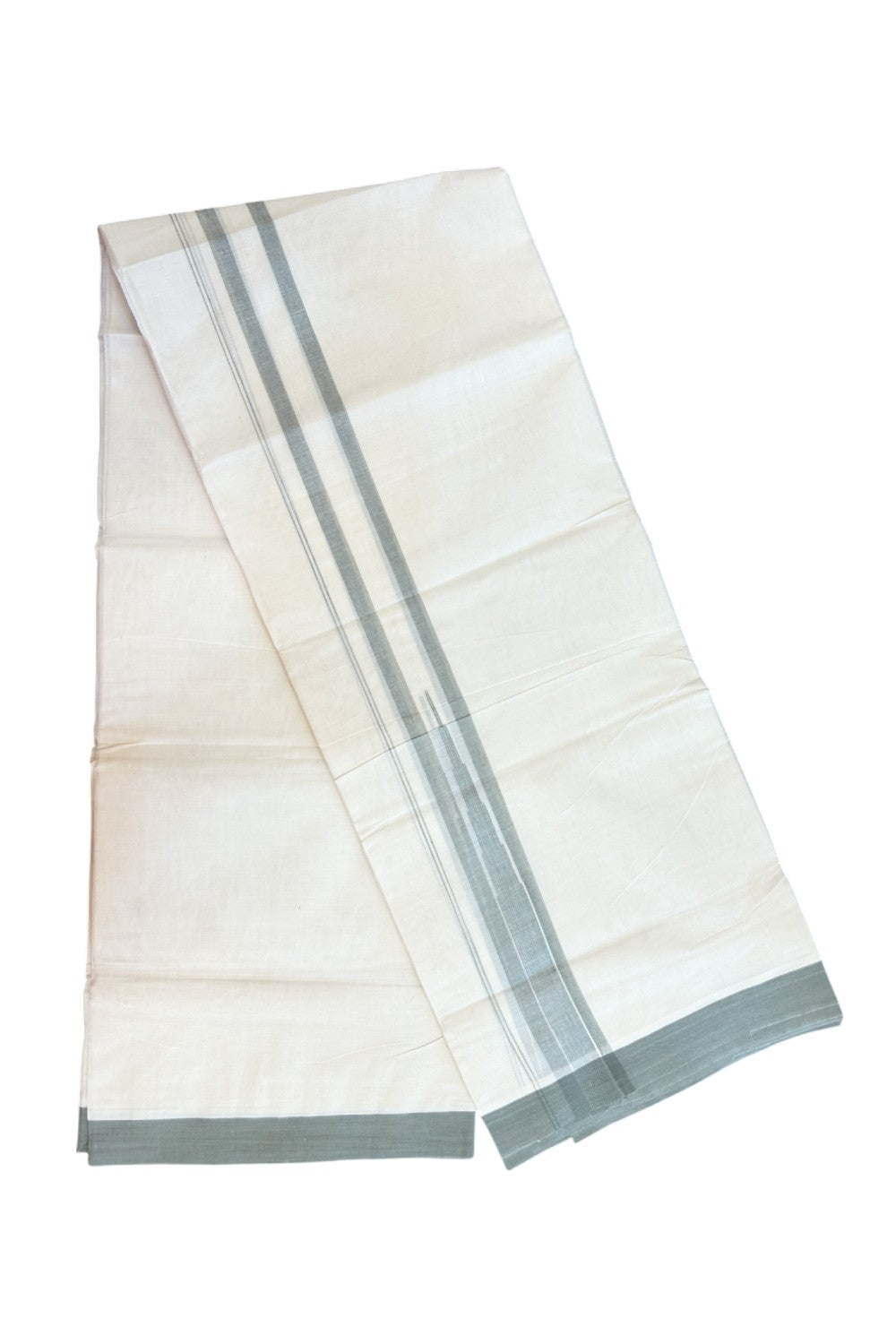 20% DISCOUNT! KaithariKada Balaramapuram 100% Cotton OFF WHITE Double (Unbleached) Mundu/Dhoti-100x80 - 1.75 inch Puliyilakkara Light Olive Green Blue shaded Temple Chutty kara 4 mtr (8.5 muzham) - 134KK5220 THI
