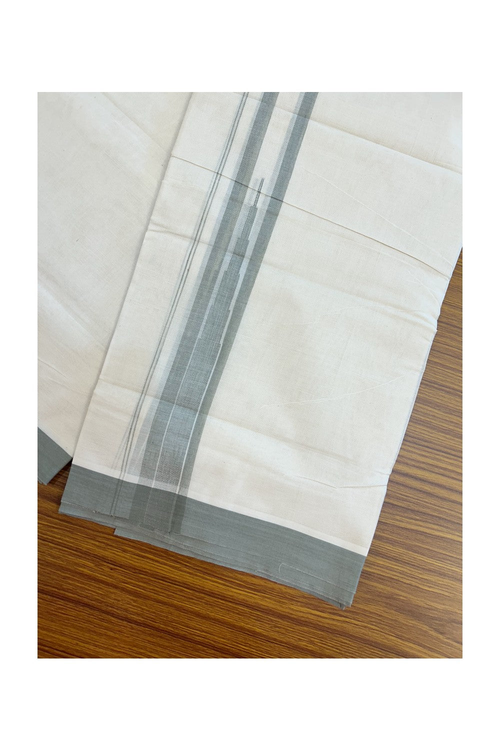 20% DISCOUNT! KaithariKada Balaramapuram 100% Cotton OFF WHITE Double (Unbleached) Mundu/Dhoti-100x80 - 1.75 inch Puliyilakkara Light Olive Green Blue shaded Temple Chutty kara 4 mtr (8.5 muzham) - 134KK5220 THI