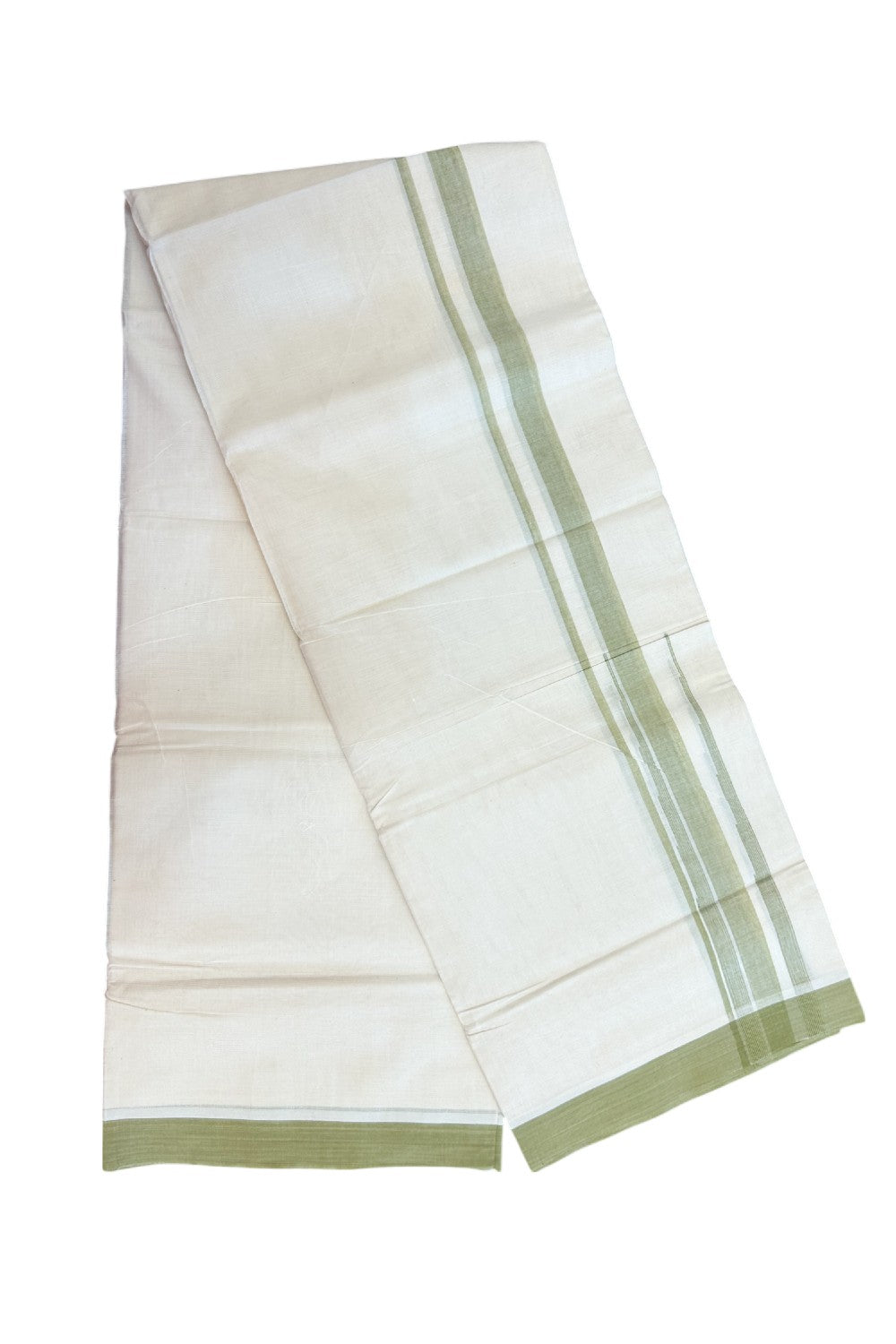 20% DISCOUNT! KaithariKada Balaramapuram 100% Cotton OFF WHITE Double (Unbleached) Mundu/Dhoti-100x80 - 1.75 inch Puliyilakkara Light Sage Green shaded Big Chutty kara 4 mtr (8.5 muzham) - 135KK5220 THI