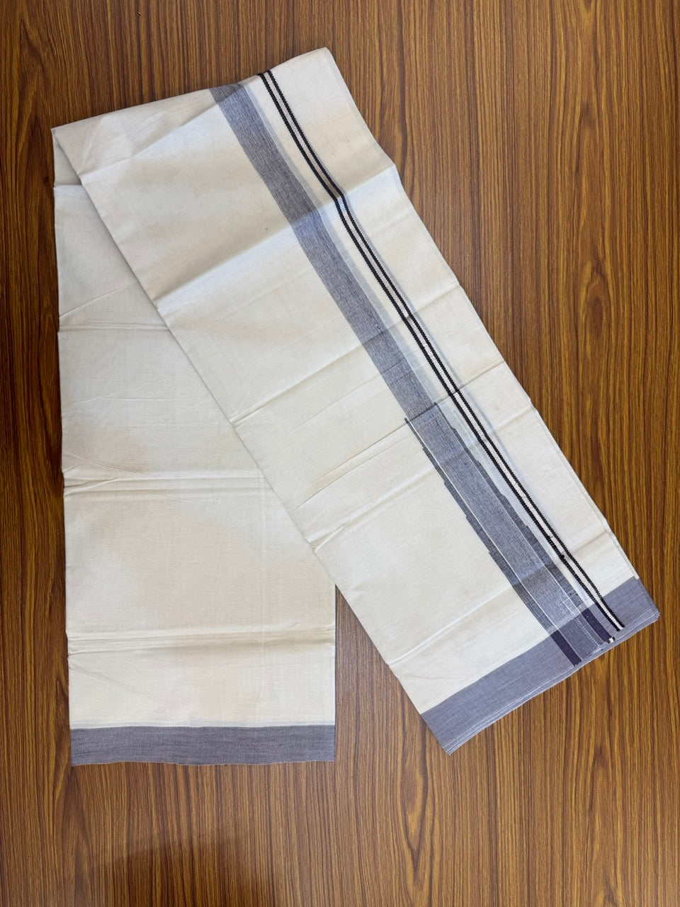 19% Discount! KaithariKada Balaramapuram 100% Cotton Off white Double Mundu/Dhoti - (100x80)s - 1.5 inch Puliyilakkara Violet Stripes Chutty Silver Kasav - 135 KK5258 THI