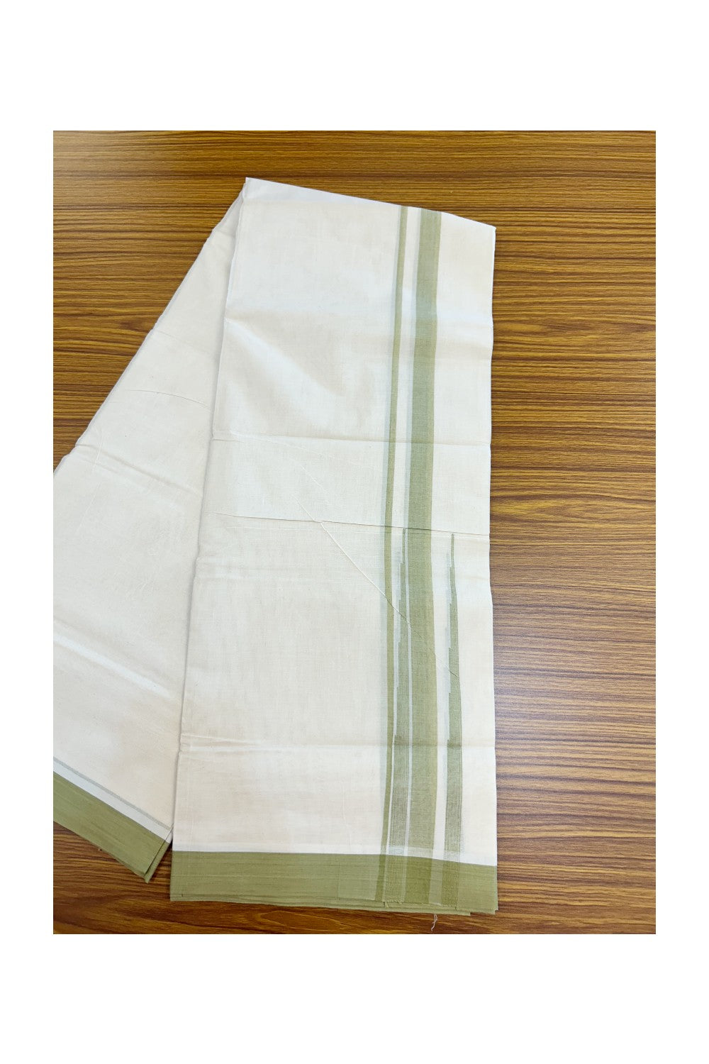 20% DISCOUNT! KaithariKada Balaramapuram 100% Cotton OFF WHITE Double (Unbleached) Mundu/Dhoti-100x80 - 1.75 inch Puliyilakkara Light Sage Green shaded Big Chutty kara 4 mtr (8.5 muzham) - 135KK5220 THI