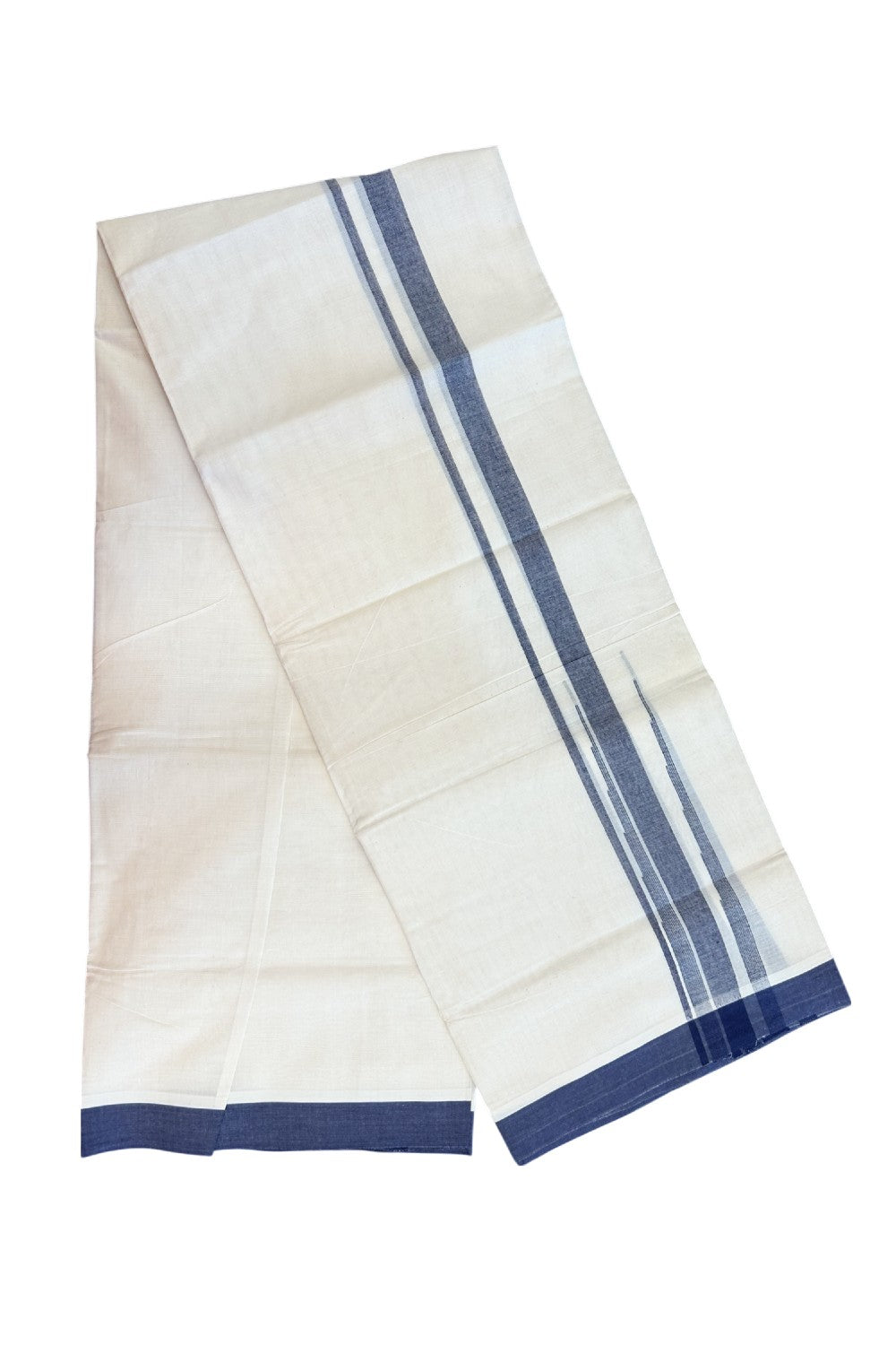 20% DISCOUNT! KaithariKada Balaramapuram 100% Cotton OFF WHITE Double (Unbleached) Mundu/Dhoti-100x80 - 1.75 inch Puliyilakkara Navy Blue shaded Big Chutty kara 4 mtr (8.5 muzham) - 136KK5220 THI