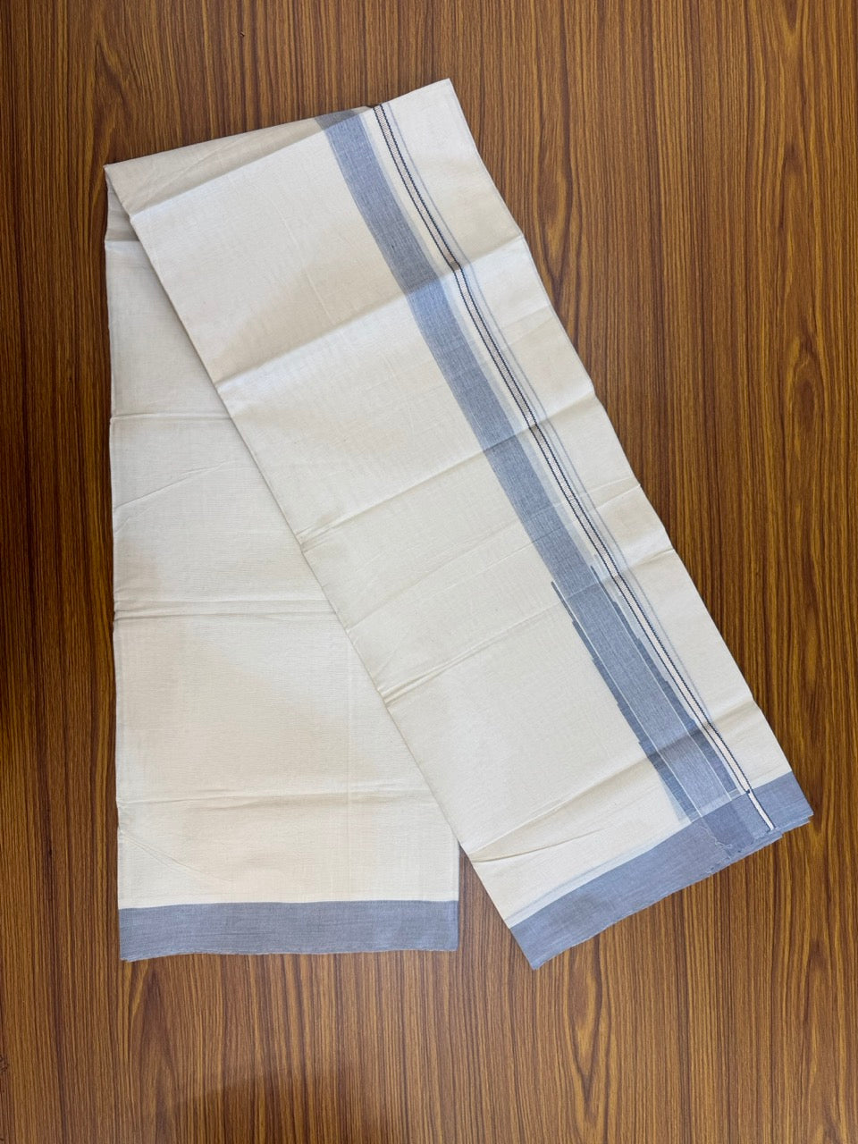19% Discount! KaithariKada Balaramapuram 100% Cotton Off white Double Mundu/Dhoti - (100x80)s - 1.5 inch Puliyilakkara Blue Stripes Chutty Silver Kasav - 136 KK5258 THI