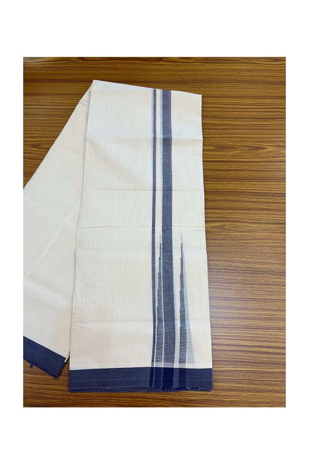 20% DISCOUNT! KaithariKada Balaramapuram 100% Cotton OFF WHITE Double (Unbleached) Mundu/Dhoti-100x80 - 1.75 inch Puliyilakkara Navy Blue shaded Big Chutty kara 4 mtr (8.5 muzham) - 136KK5220 THI