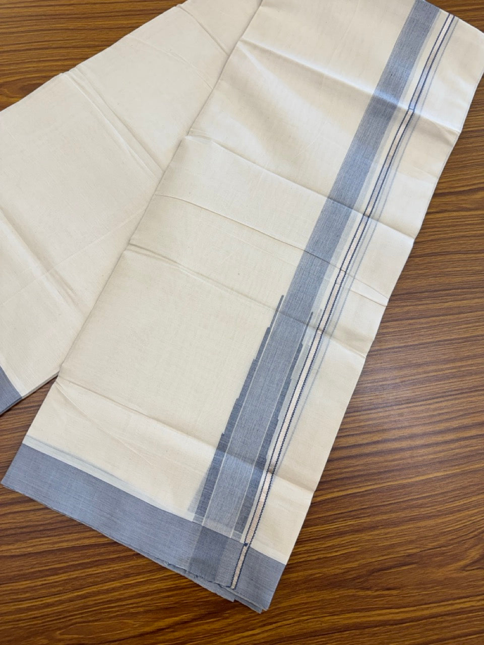 19% Discount! KaithariKada Balaramapuram 100% Cotton Off white Double Mundu/Dhoti - (100x80)s - 1.5 inch Puliyilakkara Blue Stripes Chutty Silver Kasav - 136 KK5258 THI