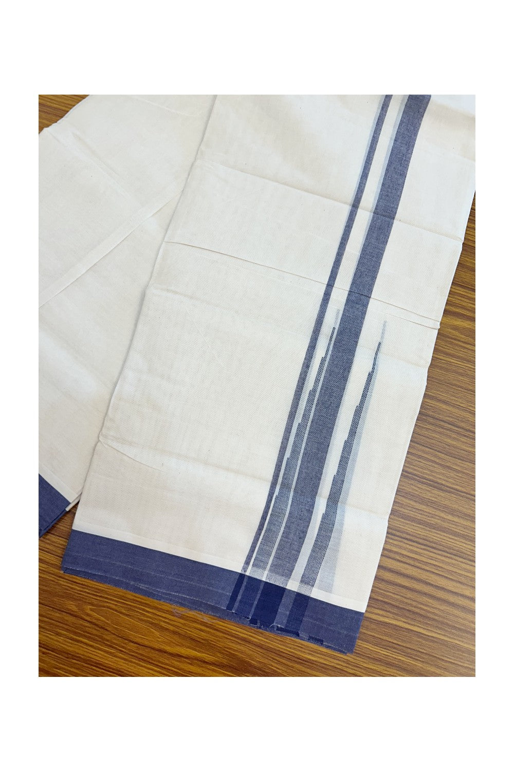 20% DISCOUNT! KaithariKada Balaramapuram 100% Cotton OFF WHITE Double (Unbleached) Mundu/Dhoti-100x80 - 1.75 inch Puliyilakkara Navy Blue shaded Big Chutty kara 4 mtr (8.5 muzham) - 136KK5220 THI