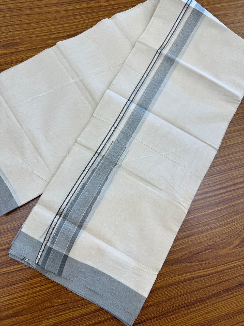 19% Discount! KaithariKada Balaramapuram 100% Cotton Off white Double Mundu/Dhoti - (100x80)s - 1.5 inch Puliyilakkara Sage Green Ash mix Stripes Chutty Silver Kasav - 138 KK5258 THI