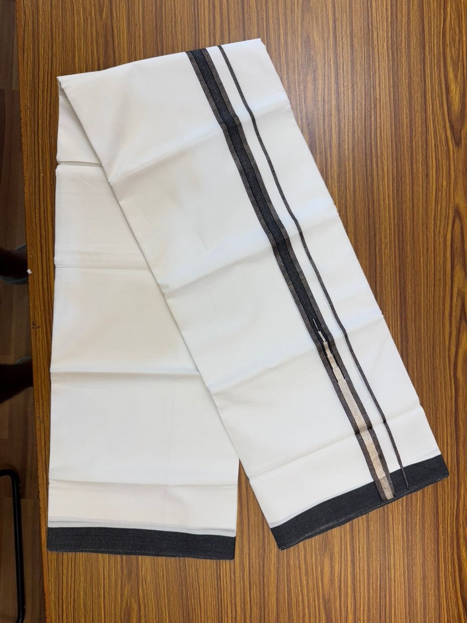 20% Discount ! Kaitharikada Balaramapuram 100% Cotton Pure White Double Mundu/Dothi - 100x80 - 1 inch Puliyilakkara Black & Silver Kasav Heavy One Side Chutty Striped Kara 4 mtr (8.5 muzham) - 66 KK5255 VAS