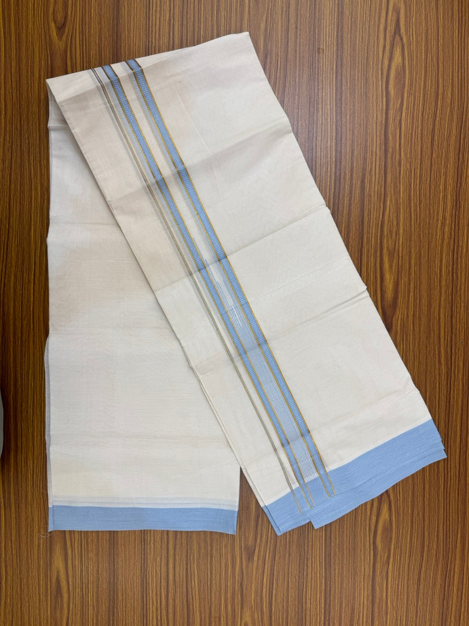 19% Discount! KaithariKada Balaramapuram 100% Cotton Off white Double Mundu/Dhoti - (100x80)s - 1.5 inch Puliyilakkara Sky Blue Stripes Chutty Gold Kasav - 139 KK5258 THI