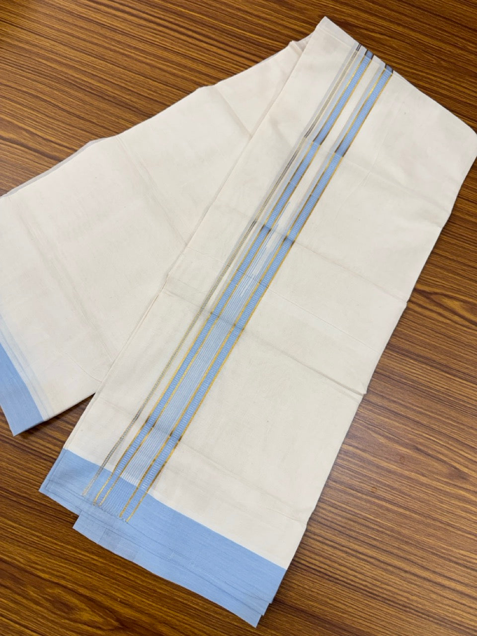 19% Discount! KaithariKada Balaramapuram 100% Cotton Off white Double Mundu/Dhoti - (100x80)s - 1.5 inch Puliyilakkara Sky Blue Stripes Chutty Gold Kasav - 139 KK5258 THI