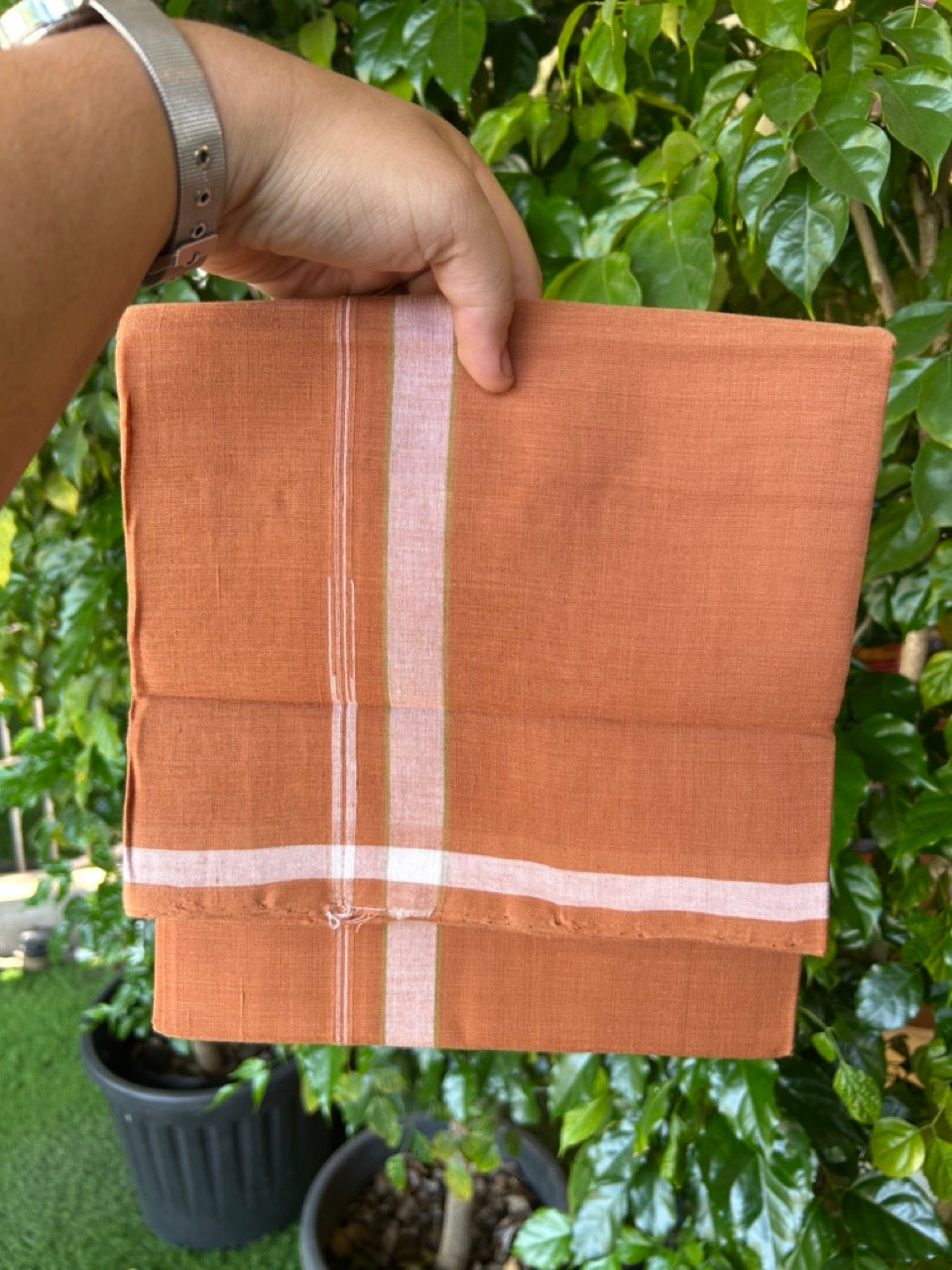 HANDLOOM Single KaithariKada - 10% Discount ! 100% Pure Cotton - Mundu/Dhoti KAVI COLOUR BODY 2cm WHITE Kara Stripes Chutty (2 meter / 4 muzham)- 14KK8026ELA