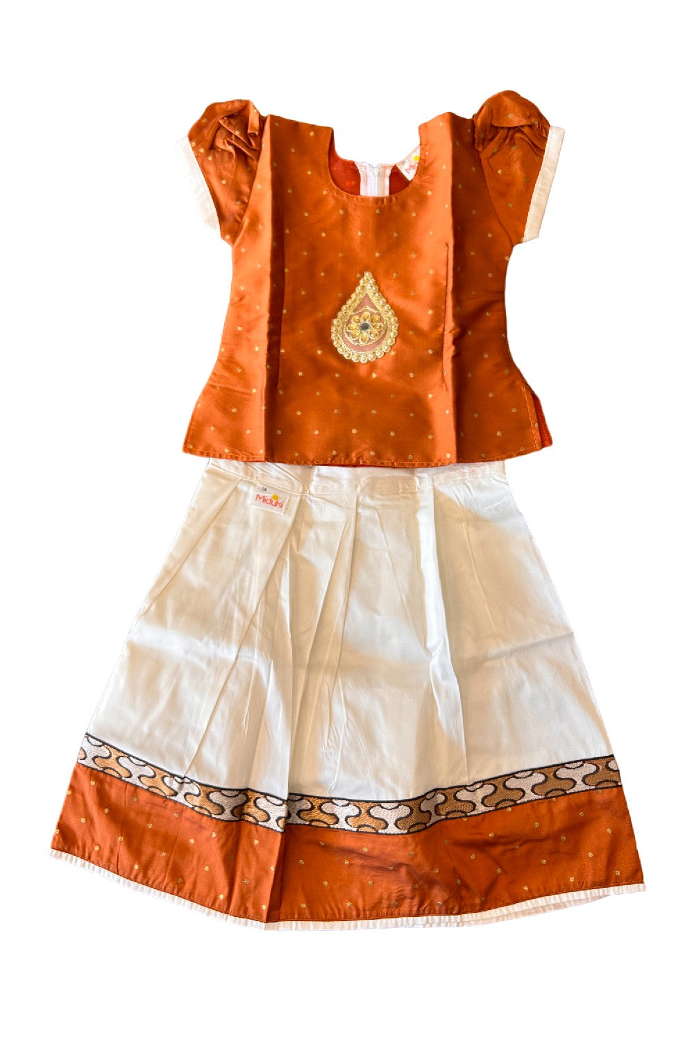 Midukki-Traditional South Indian Kids Pattu Pavada- Brown top offwhite skirt with printed border - Age 2 - KK2MID0014
