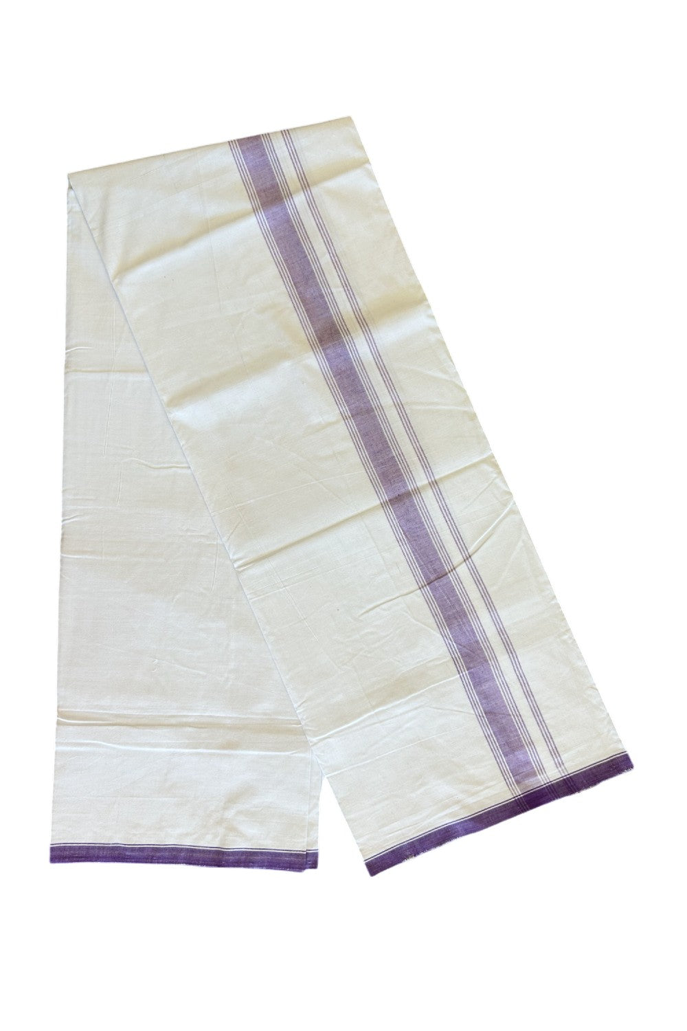 Ultimate HANDLOOM- 30% Discount! - Kaitharikada Kalamachal-Government Sealed HALLMARKED-100% PURE COTTON! (80x80) Twisted Thread- Light WHITE SINGLE Mundu / Dhoti - 2.25 inch Lavender Violet Striped Kara - 14KK478KAL