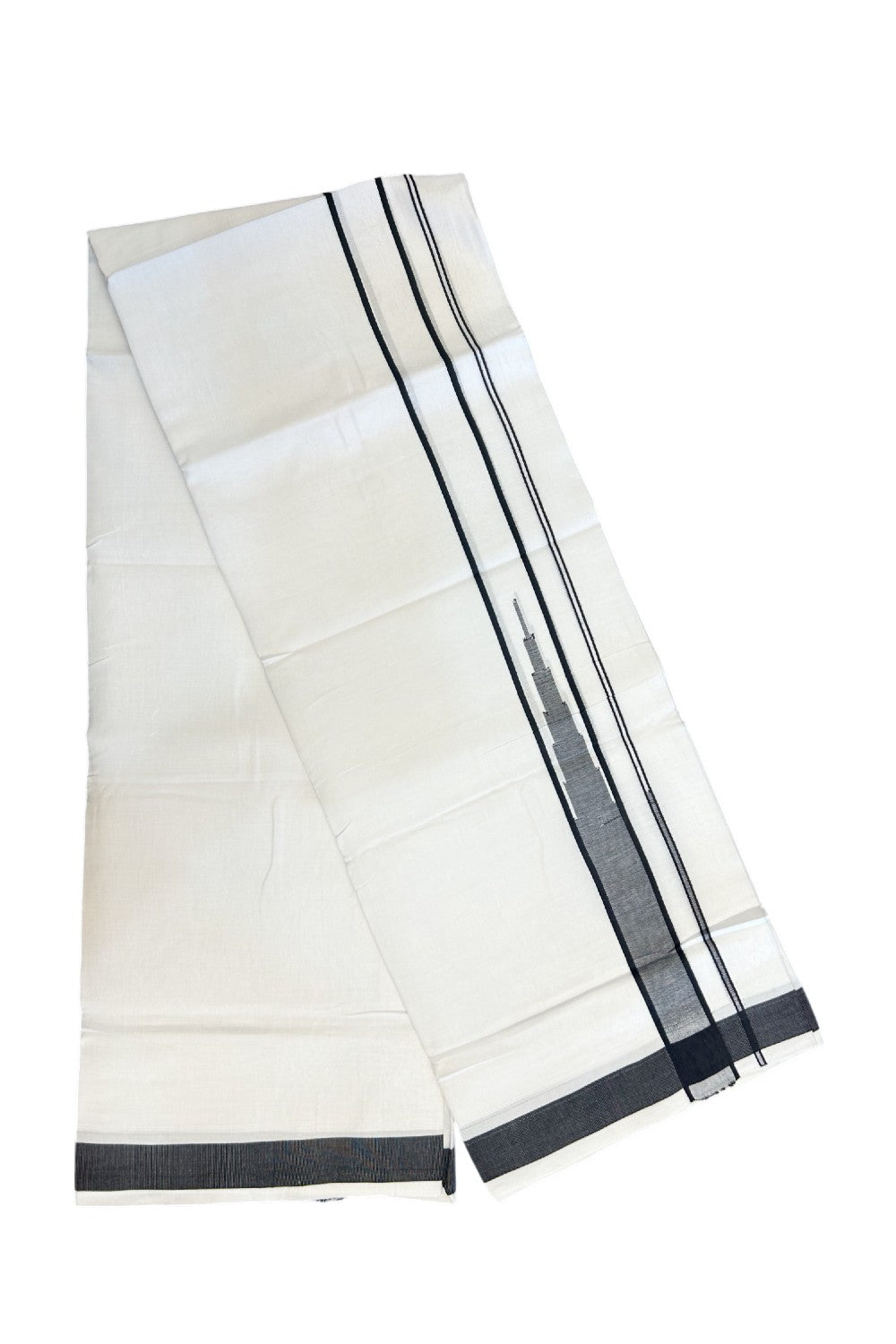 25% DISCOUNT! KaithariKada Balaramapuram 100% Mercerised Cotton Double ULTRA PURE white Mundu/Dhoti - 120x120 - 1.5 inch Heavy Chutty Black Shaded Kara - 14KK5139THI