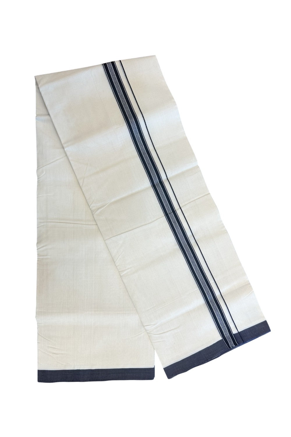 25% DISCOUNT!! KaithariKada HANDLOOM UNAKKUPAAV Balaramapuram - 100% PURE Cotton OFF White - (Unbleached) Double Mundu/Dothi - 100x100 - 1 inch Navy Blue & White pattern kara 3.80 meter (8.5 Muzham) - 14KK5167REA
