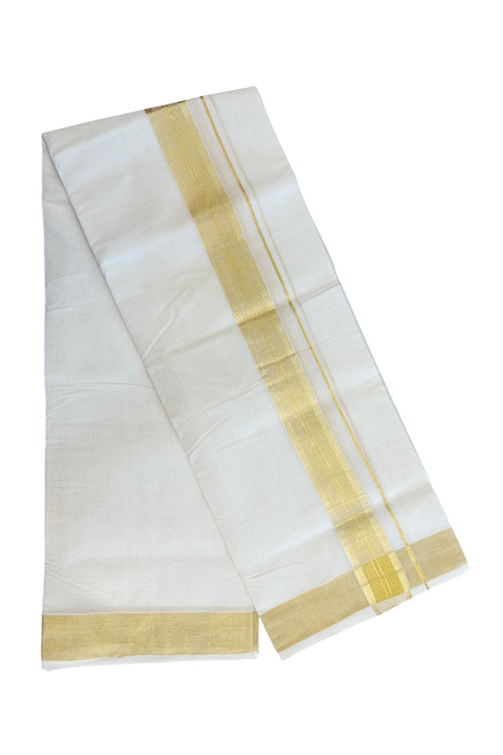 25% DISCOUNT!! KaithariKada HANDLOOM MILLPAAV Balaramapuram - 100% PURE Cotton OFF White - (Unbleached) Double Mundu/Dothi - 2 inch Gold Kasavu design Striped kara - 5KK5170RAM