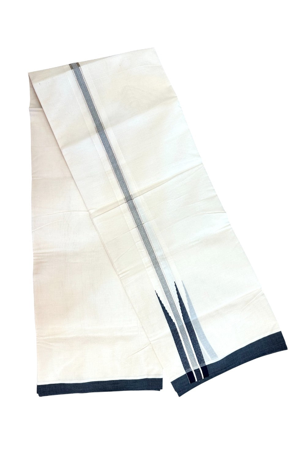 15% DISCOUNT ! KaithariKada Balaramapuram 100% Cotton DOUBLE OFF WHITE Mundu/Dhoti (Unbleached) - 100X80 - 1.5 inch Puliyilakkara BLACK SILVER Big chutty - 14KK5171GAN
