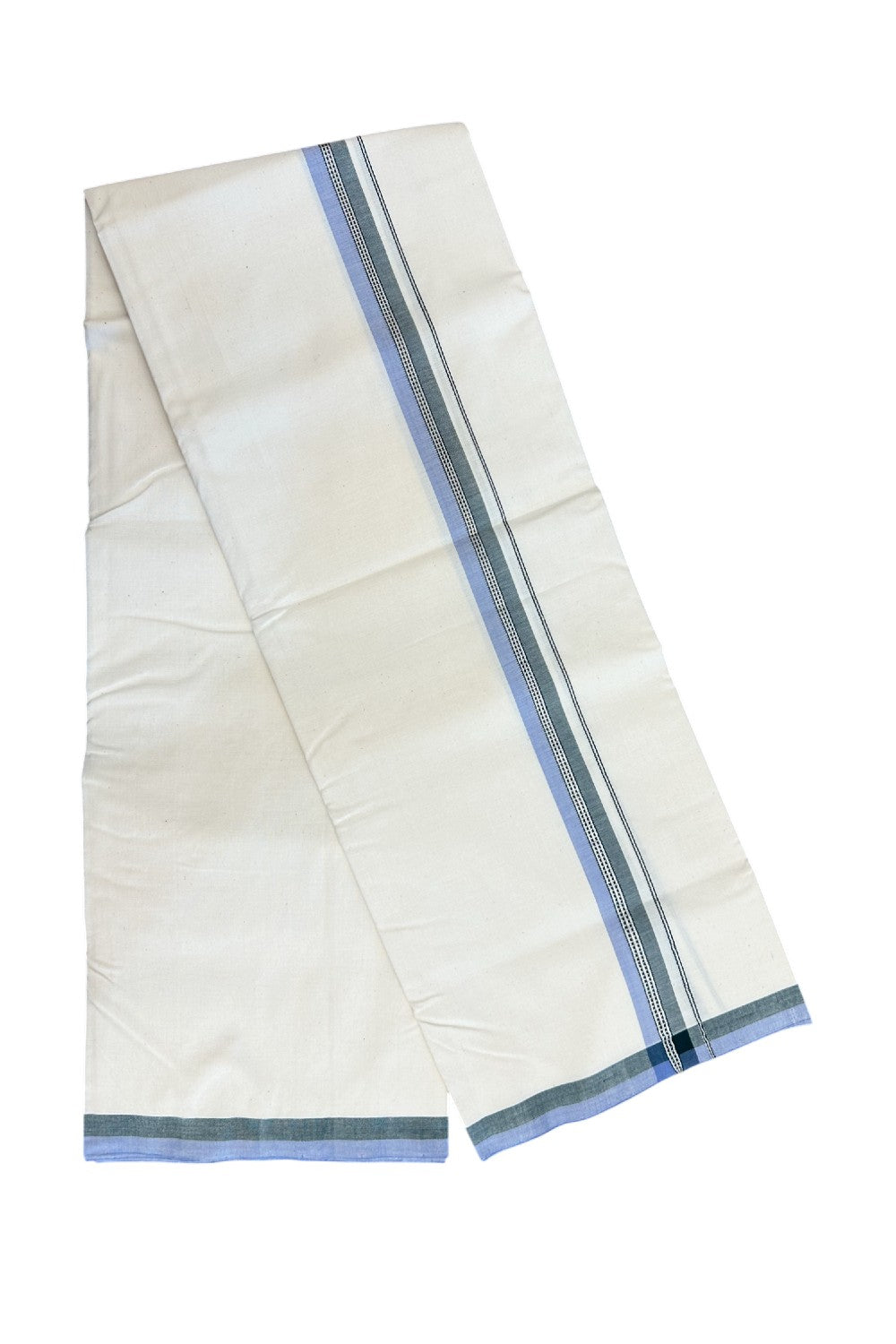 30%DISCOUNT!! SIGNATURE KAITHARIKADA EXCLUSIVE SINGLE DHOTI - 100% Cotton Balaramapuram HANDLOOM Single Mundu/Dhoti - Off White - (Unbleached) 1.25 inch Green Lavender & Silver Kasavu Striped Kara (2 meter / 4 muzham)- 14KK5173KAI