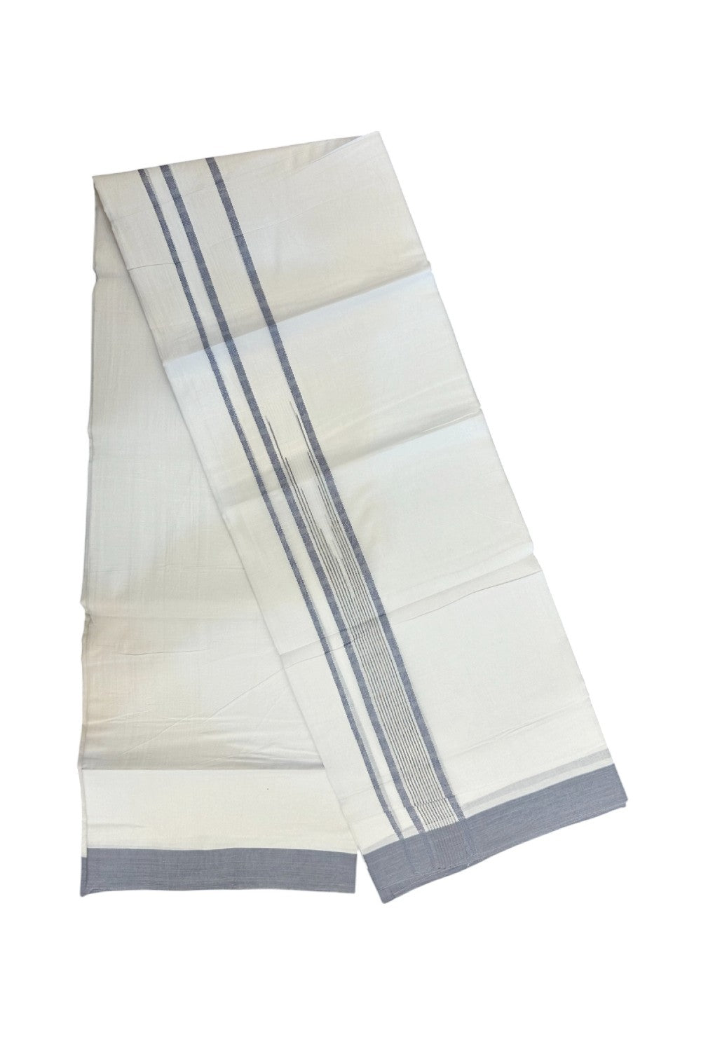 20% DISCOUNT! KaithariKada Balaramapuram DOUBLE PURE WHITE 100% Cotton Mundu/Dhoti - 100x80 - 1.5 inch Ash Blue Putta Design Chutty Kara - 14KK5174THI