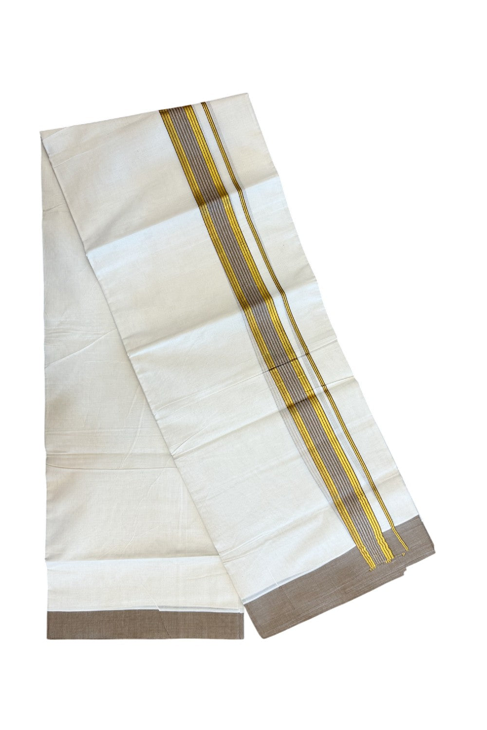 20% DISCOUNT! KaithariKada Balaramapuram Double OFF WHITE Mundu/Dhoti - 80x80 - 1.5 Inch Gold Kasavu & Coffee Brown Shaded striped Kara - 14KK5182VAS